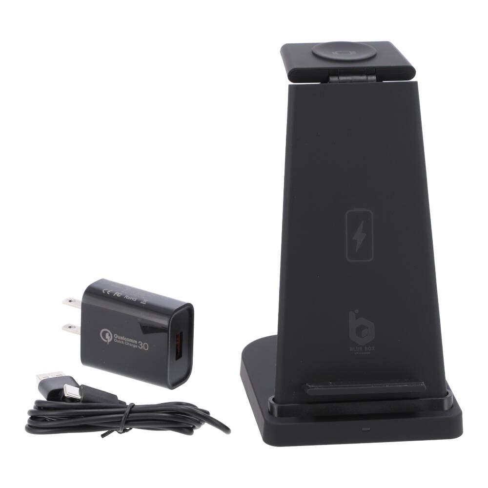Blue Box 3 in 1 Wireless Charger Stand 15W Fast Charge Black