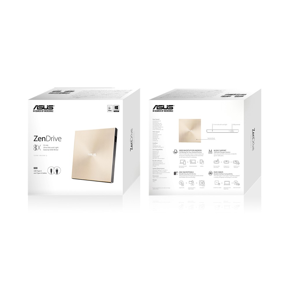 ไดรฟ์ดีวีดี Asus ZenDrive U9M External-Drive (SDRW-08U9M-U) Gold