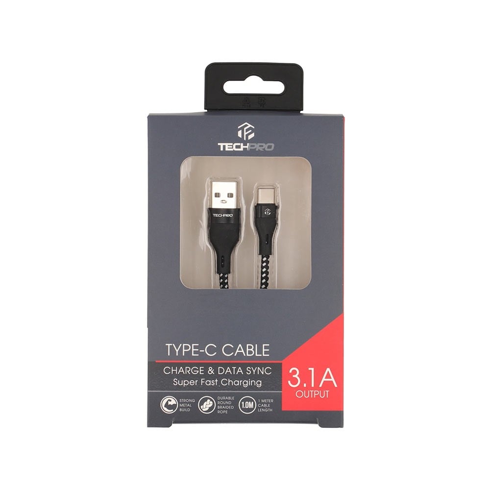 สายชาร์จ TECHPRO USB-A to USB-C 1 เมตร Black/White