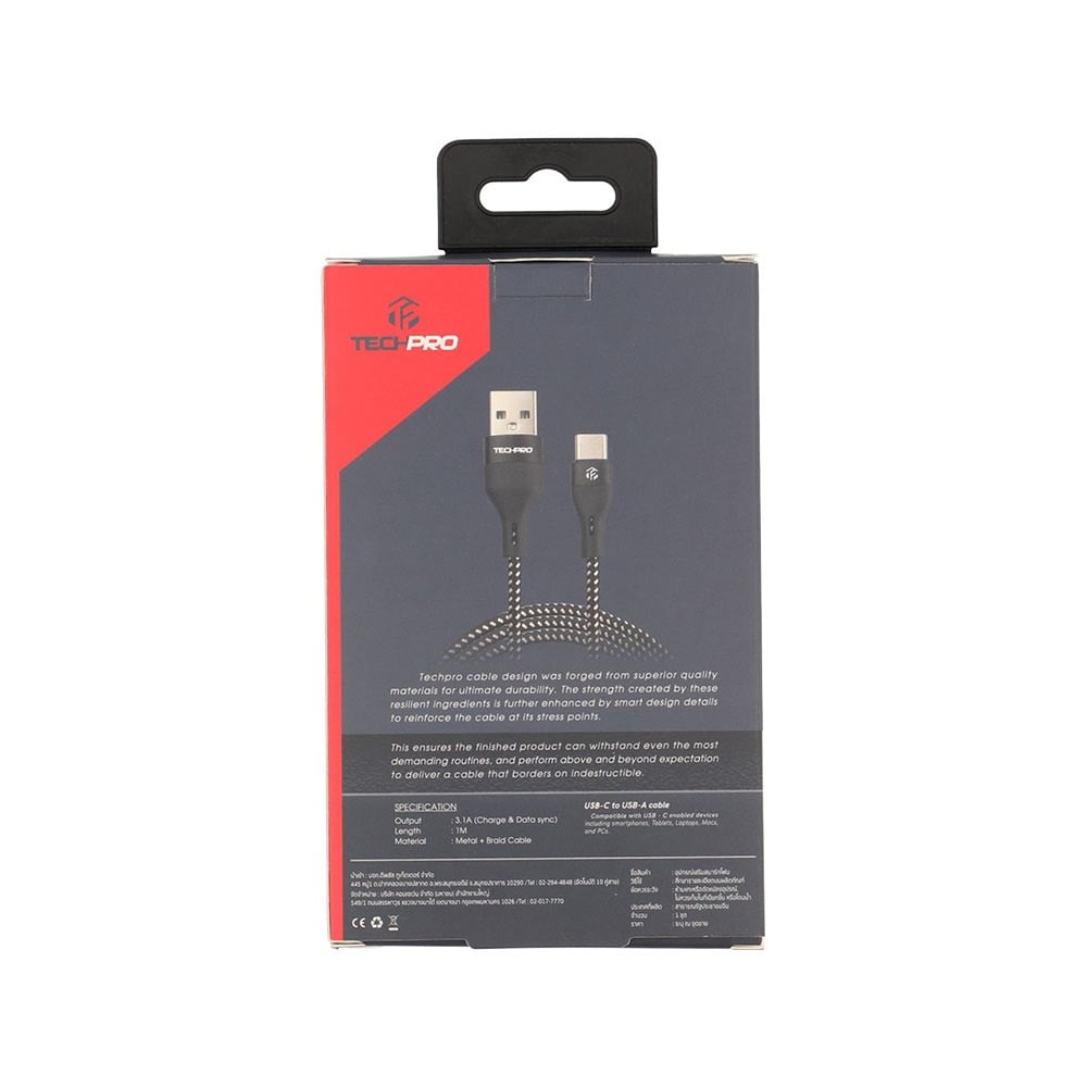 สายชาร์จ TECHPRO USB-A to USB-C 1 เมตร Black/White