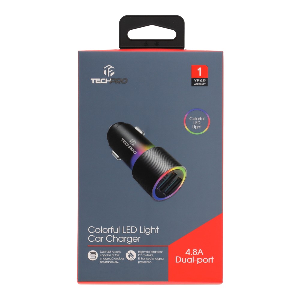 ที่ชาร์จแบตในรถ TECHPRO 4.8A Dual-port 2 USB-A Colorful LED Light - Black