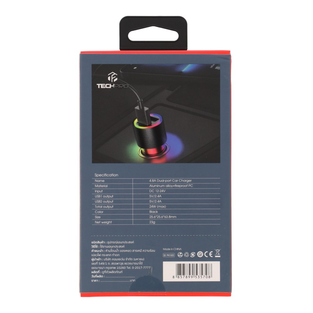 ที่ชาร์จแบตในรถ TECHPRO 4.8A Dual-port 2 USB-A Colorful LED Light - Black