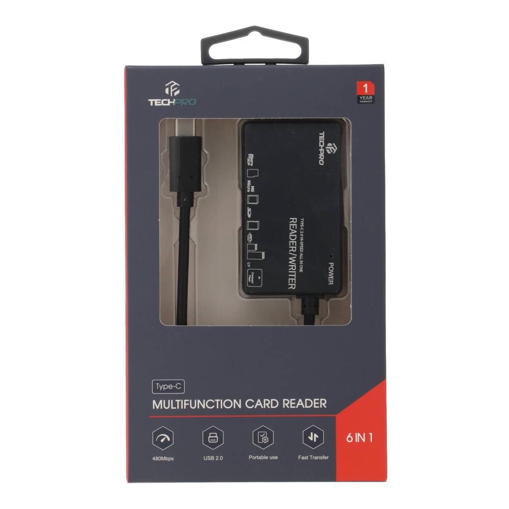 TECHPRO Port Hub Mul-Function 6 in 1 Type-C Card Reader Black