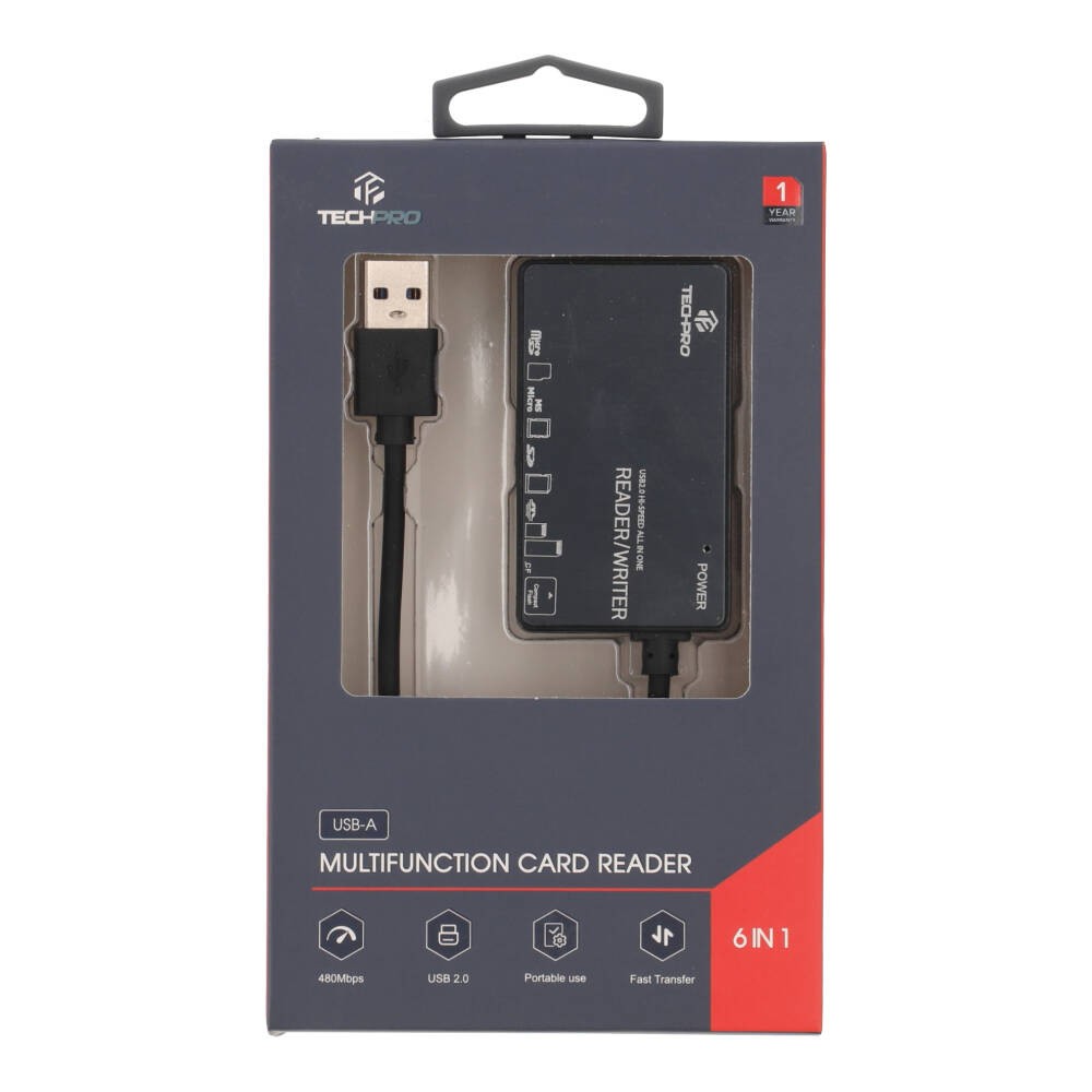 TECHPRO Port Hub Mul-Function 6 in 1 USB-A Card Reader - Black