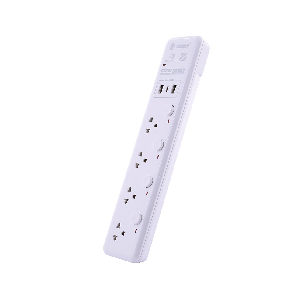 ปลั๊กไฟ Toshino 4 Way 4 Switch 2x USBA, 1x USB-C 3M. (WY-43) White