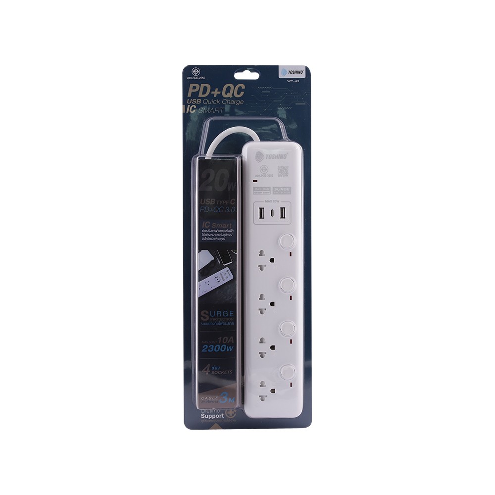 ปลั๊กไฟ Toshino 4 Way 4 Switch 2x USBA, 1x USB-C 3M. (WY-43) White