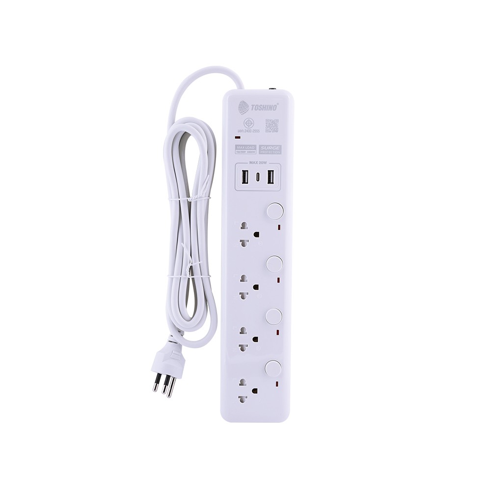 ปลั๊กไฟ Toshino 4 Way 4 Switch 2x USBA, 1x USB-C 3M. (WY-43) White