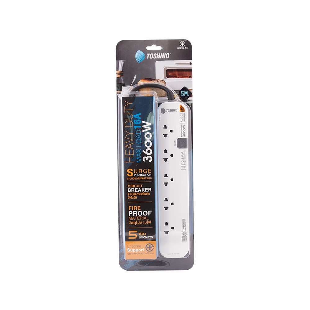 รางปลั๊กไฟ Toshino Plug 5 Way 1 Switch (P5315-5M WG) White