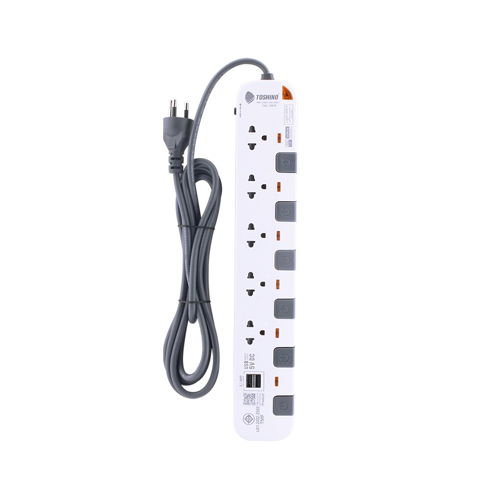 ปลั๊กไฟ Toshino Plug 5 Way 6 Switch 2 USB 5M. (P5375USB-5M WG)