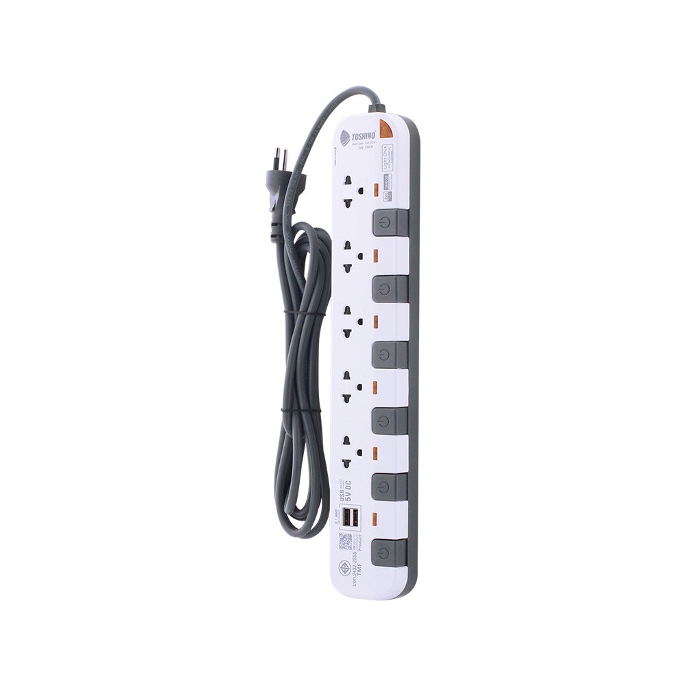 ปลั๊กไฟ Toshino Plug 5 Way 6 Switch 2 USB 5M. (P5375USB-5M WG)