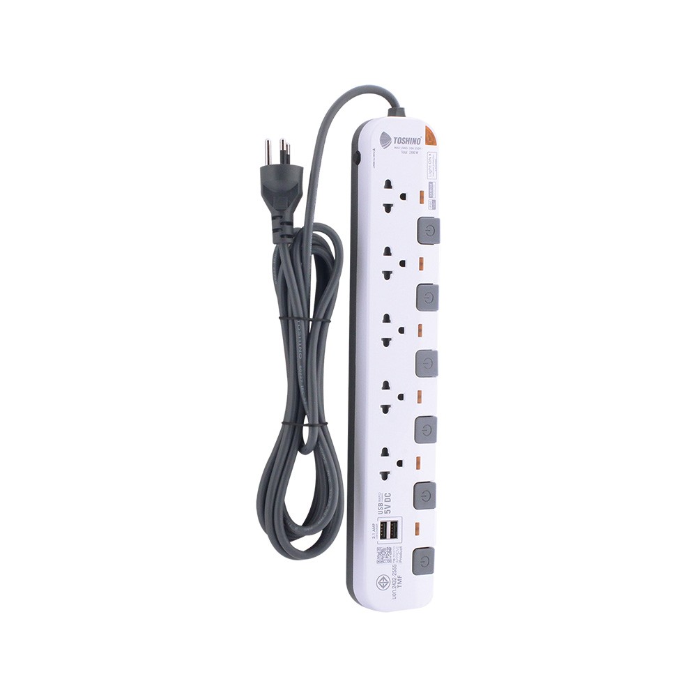ปลั๊กไฟ Toshino Plug 5 Way 6 Switch 2 USB 5M. (P5375USB-5M WG)
