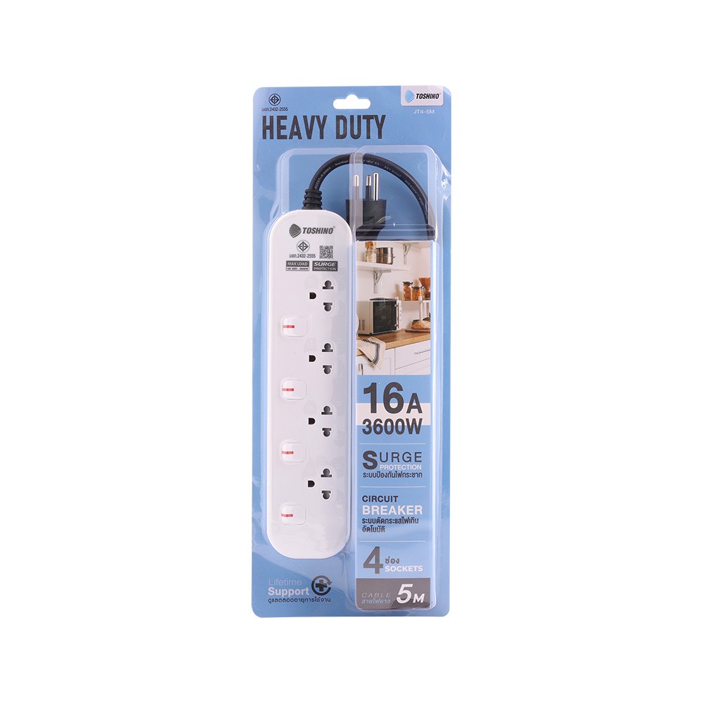 รางปลั๊กไฟ Toshino Plug 4 Way 4 Switch 5M. (JT4-5M) White (EV-O)