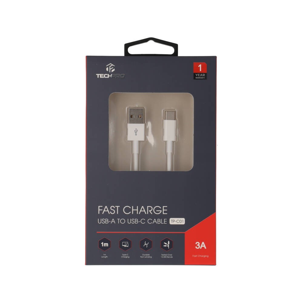 สายชาร์จ TECHPRO USB-A to USB-C Cable 3A Super Fast Charge 1M. White (TP-C01)
