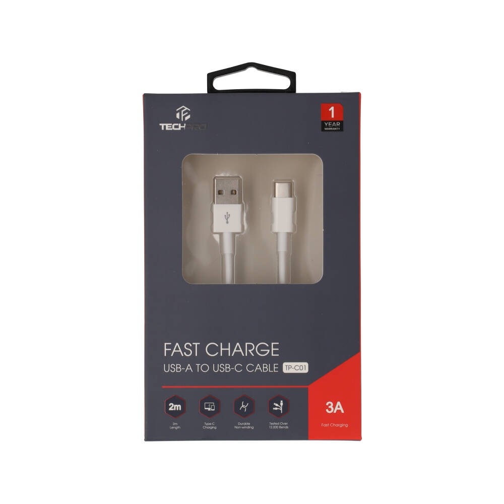 สายชาร์จ TECHPRO USB-A to USB-C Cable 3A Super Fast Charge 2M. White (TP-C01 )