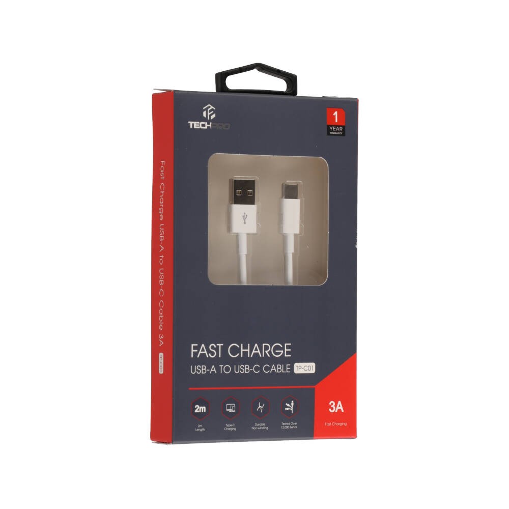 สายชาร์จ TECHPRO USB-A to USB-C Cable 3A Super Fast Charge 2M. White (TP-C01 )