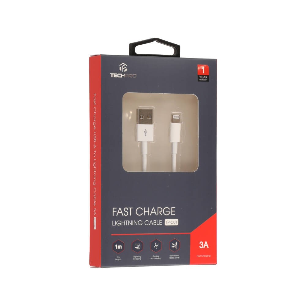 สายชาร์จ TECHPRO USB-A to Lightning Cable 3A Super Fast Charge 1M. White (TP-C01)