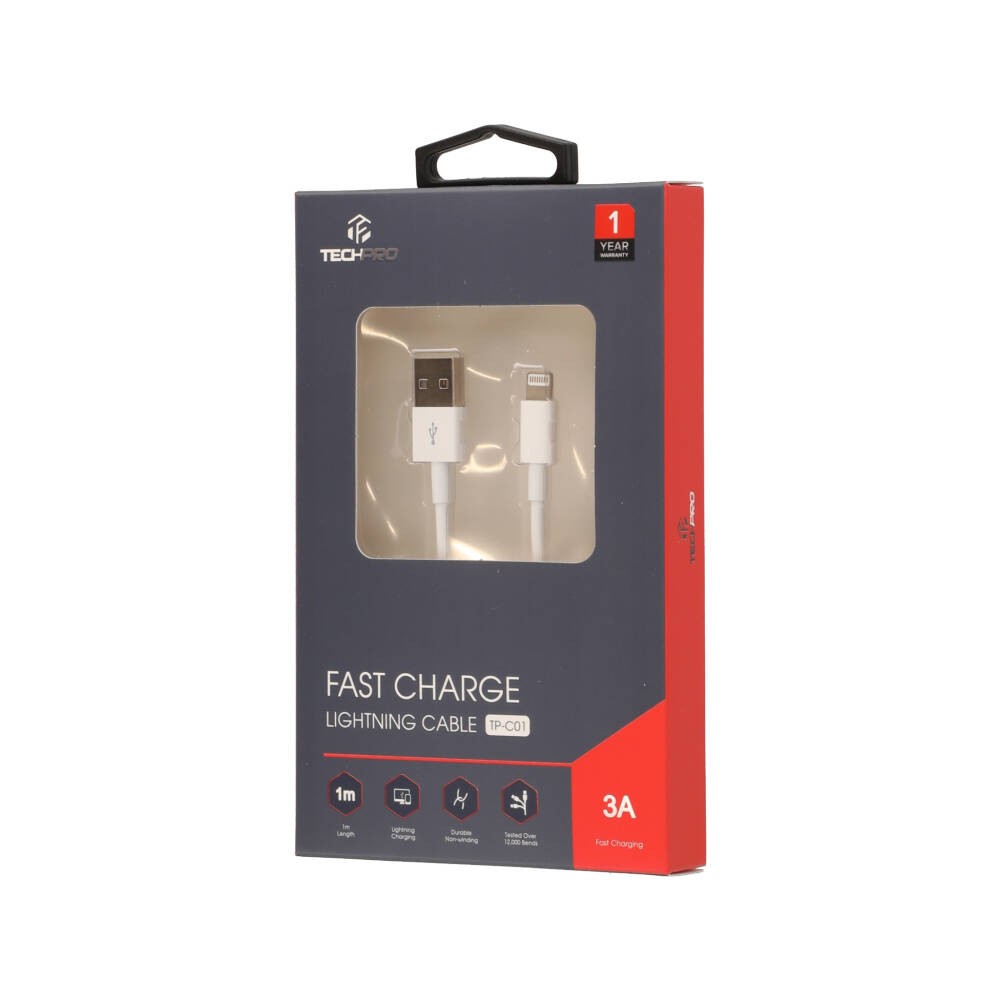 สายชาร์จ TECHPRO USB-A to Lightning Cable 3A Super Fast Charge 1M. White (TP-C01)