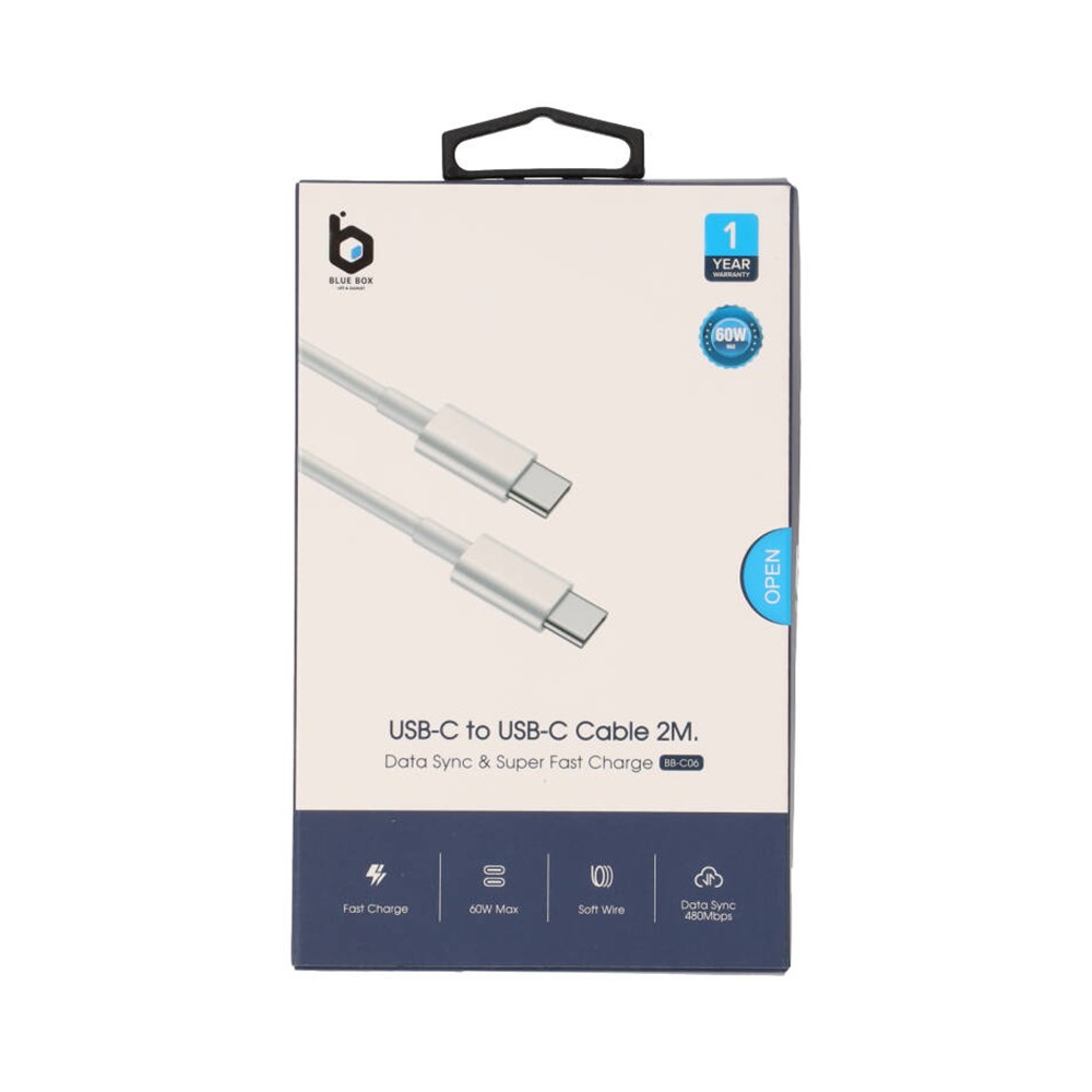สายชาร์จ Blue Box USB-C to USB-C Cable 60W Super Fast Charge & Data Sync 2M. White (BB-C06)