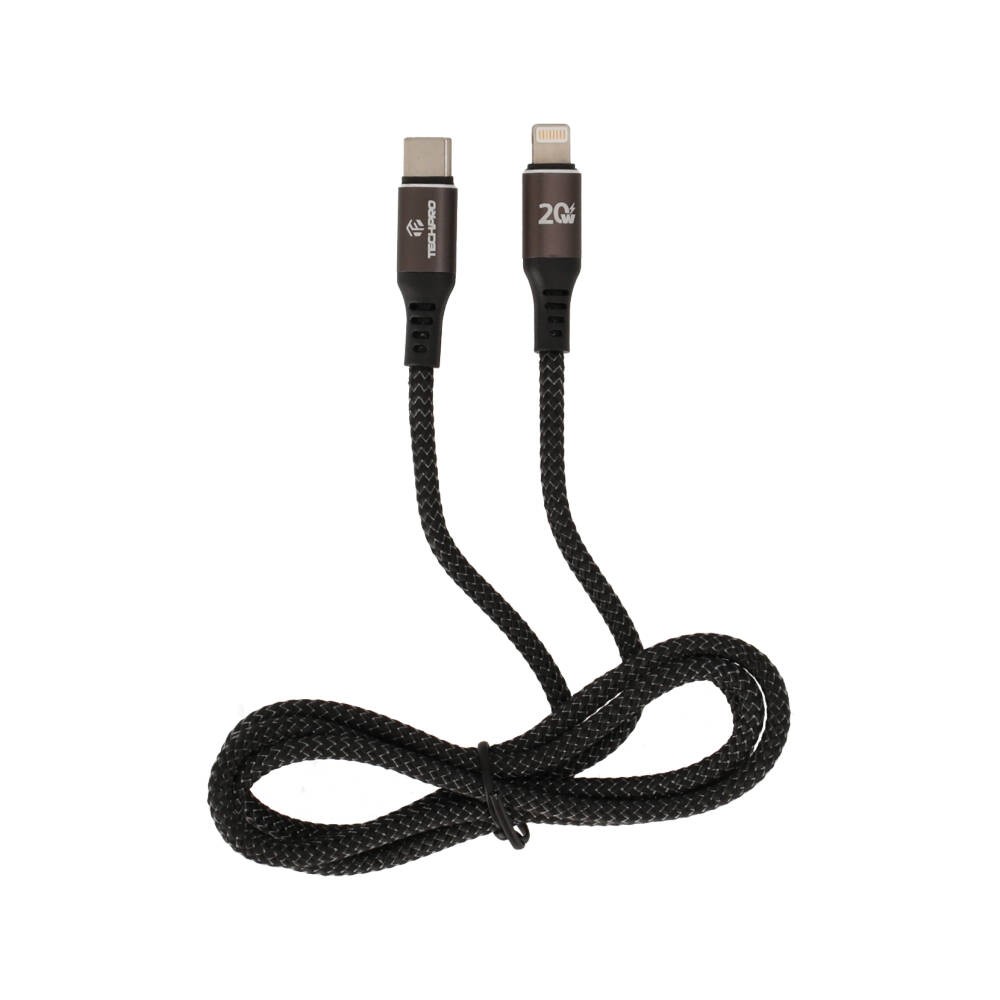 สายชาร์จ TECHPRO USB-C to Lightning Cable Nylon 20W 1M. Black/Grey (TP-C02)