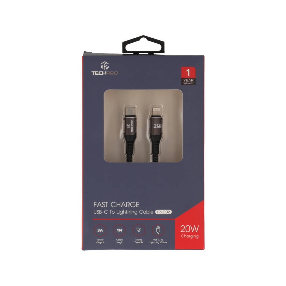 สายชาร์จ TECHPRO USB-C to Lightning Cable Nylon 20W 1M. Black/Grey (TP-C02)