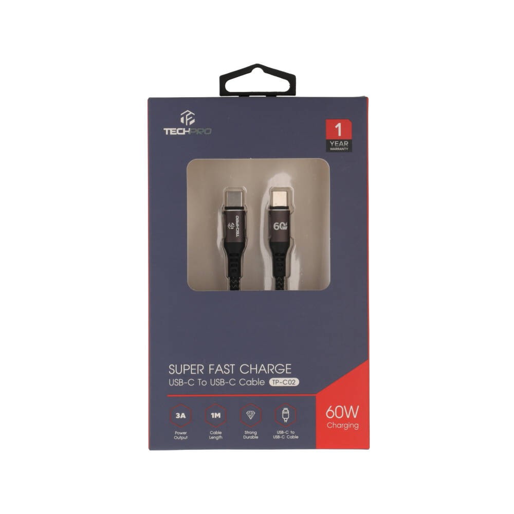 สายชาร์จ TECHPRO USB-C to USB-C Cable Nylon 60W 1M. Black/Grey (TP-C02)
