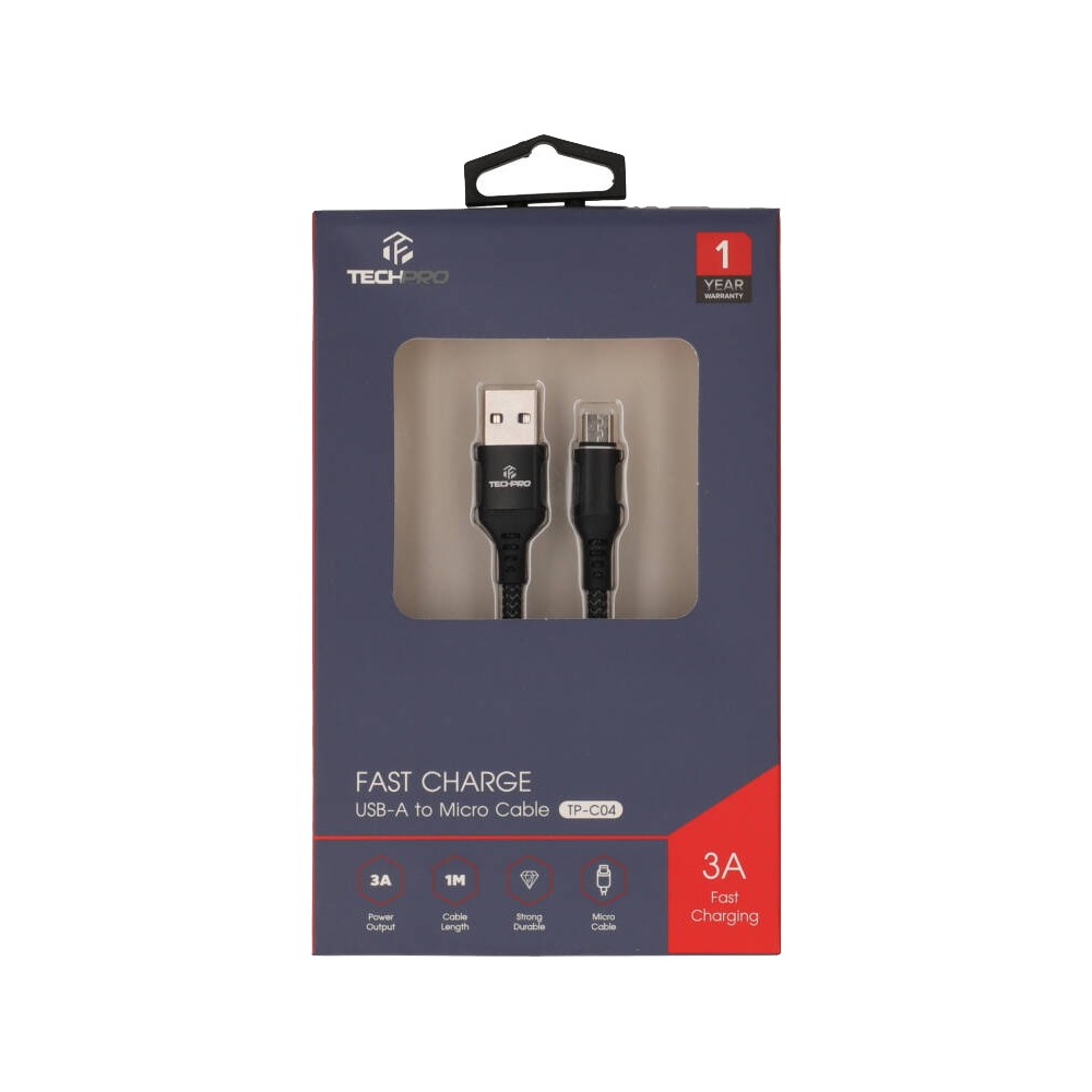 สายชาร์จ TECHPRO Micro USB Cable Nylon 3A Super Fast Charge 1M. Black (TP-C04)