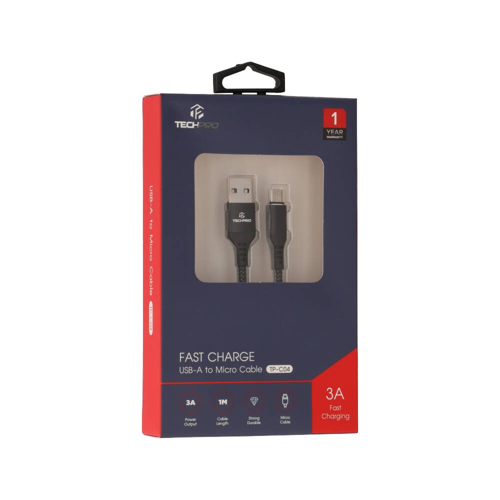 สายชาร์จ TECHPRO Micro USB Cable Nylon 3A Super Fast Charge 1M. Black (TP-C04)
