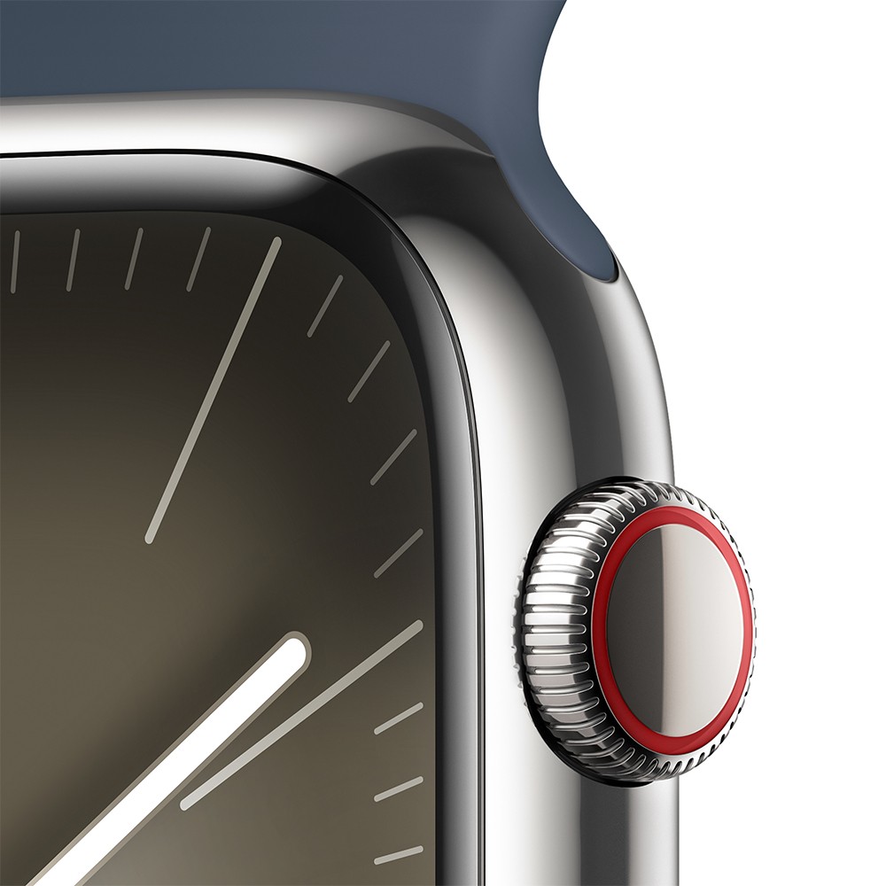 Apple Watch Series 9 GPS + Cellular 41mm Silver Stainless Steel Case with Storm Blue Sport Band - S/M