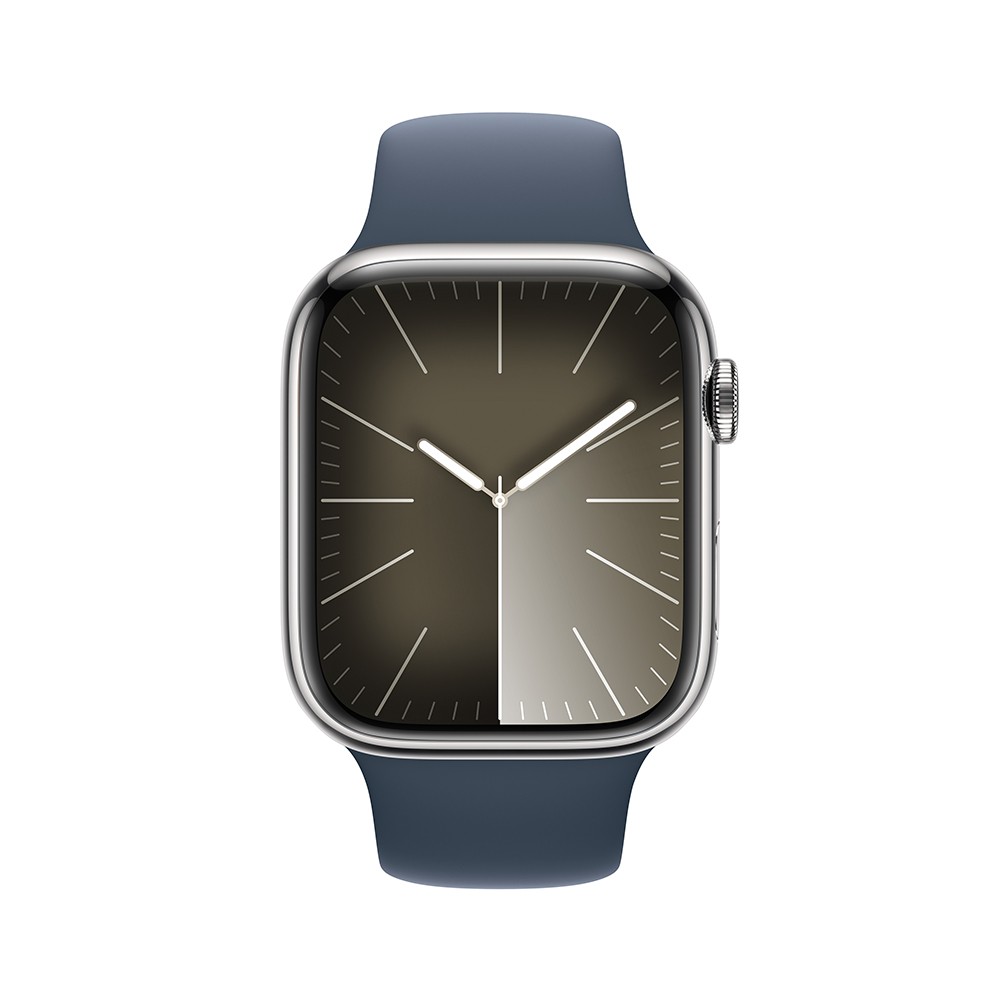 Apple Watch Series 9 GPS + Cellular 41mm Silver Stainless Steel Case with Storm Blue Sport Band - S/M
