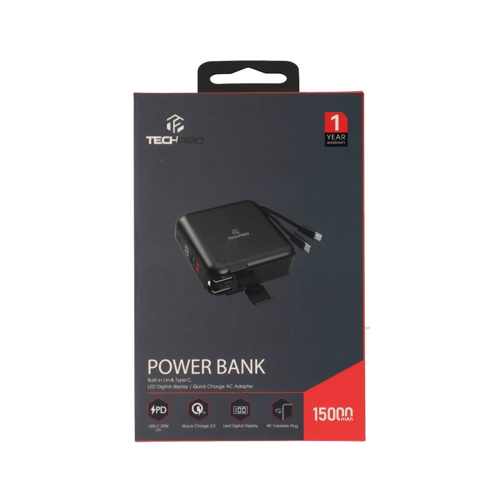 พาวเวอร์แบงค์ TECHPRO 15,000 mAh Built-in Cable BC19 Black