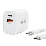 อะแดปเตอร์ Philips Wall Charger 1 USB-A / 1 USB-C พร้อมสายชาร์จ USB-C to USB-C White