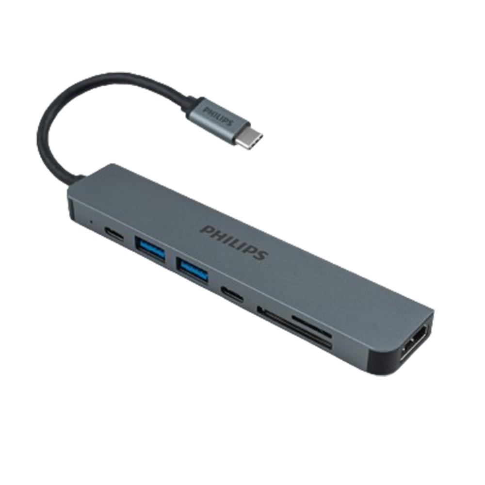 Philips Port Hub 7 in 1 USB-C to HDMI x1 + USB 3.0 x2 + USB-C x2 (PD Charger 100W.) + Card Reader TF/SD Silver