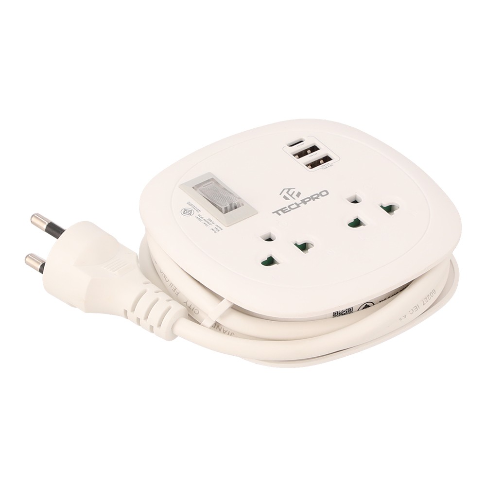 ปลั๊กไฟ TECHPRO Plug 2 Way 1 Switch 2xUSB 2.4A 1xType-c PD20W 1M. (PLG03)