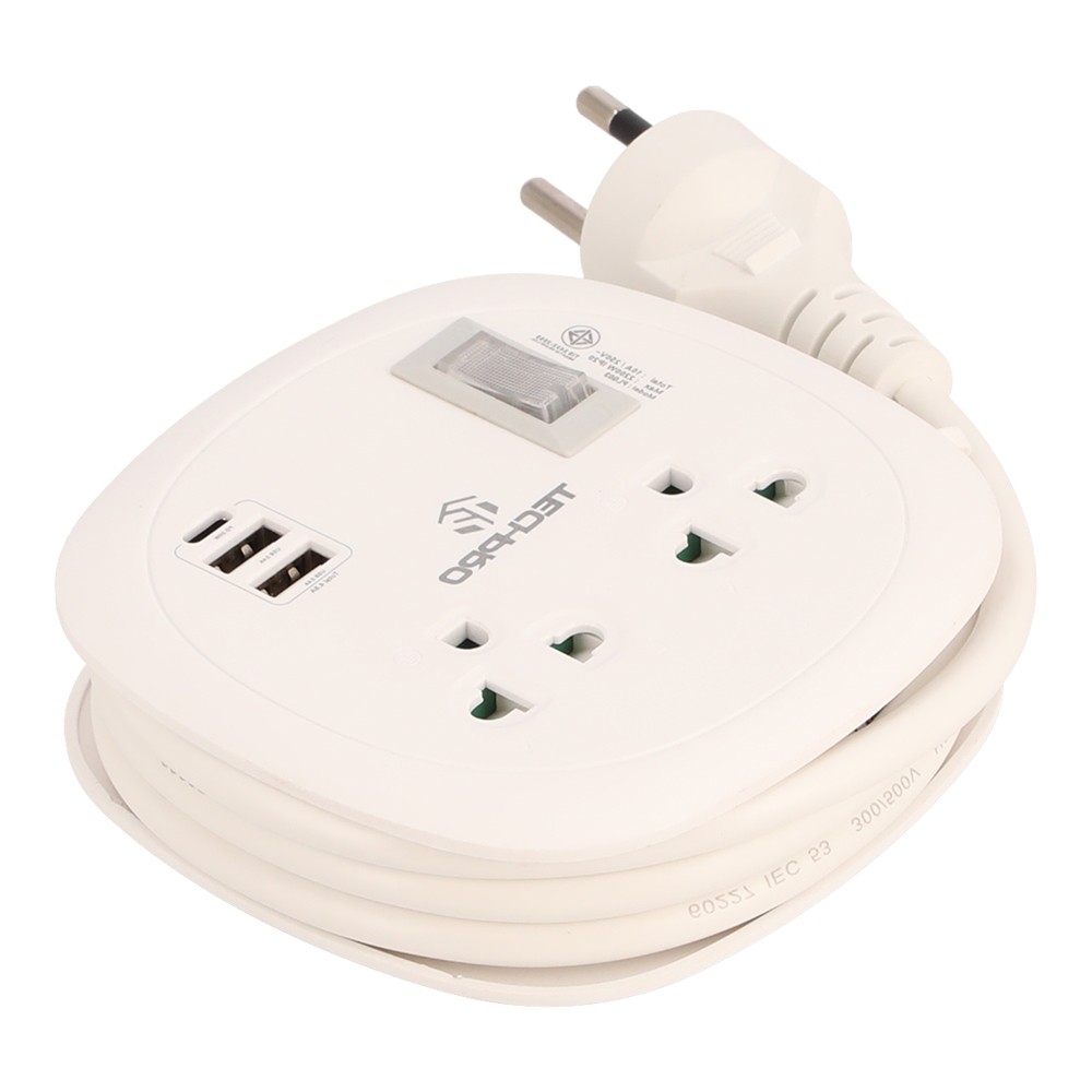 ปลั๊กไฟ TECHPRO Plug 2 Way 1 Switch 2xUSB 2.4A 1xType-c PD20W 1M. (PLG03)