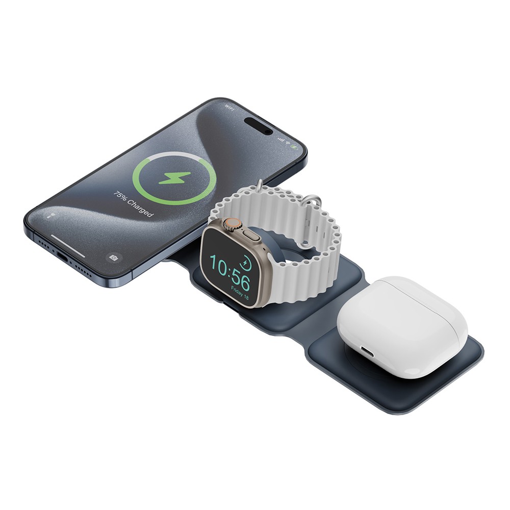 ที่ชาร์จไร้สาย BAZIC 3-in-1 Wireless Charger Foldable Magnetic Pad 15W GOMAG TRIO Navy Blue