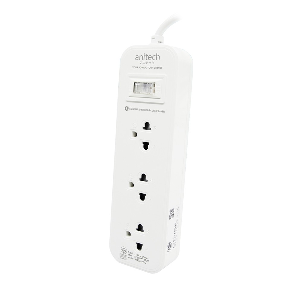 ปลั๊กไฟ Anitech Plug 3 Way 1 Switch 3M. TIS H433-PRO (1Free1) White