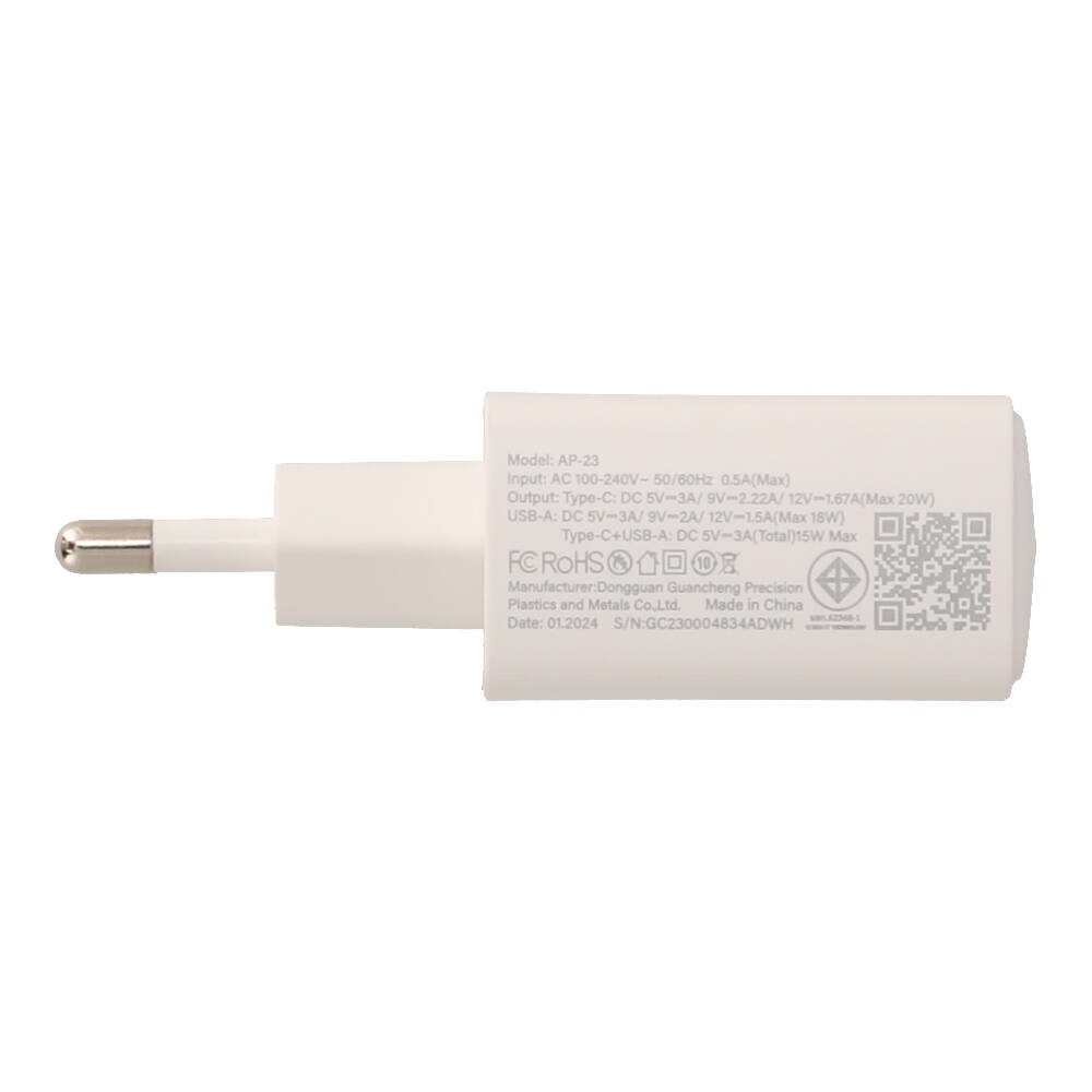 อะแดปเตอร์ TECHPRO Wall USB Charger 1 USB-A (QC3.0) / 1 USB-C (PD20W) White (TP-WC04) (TISI)