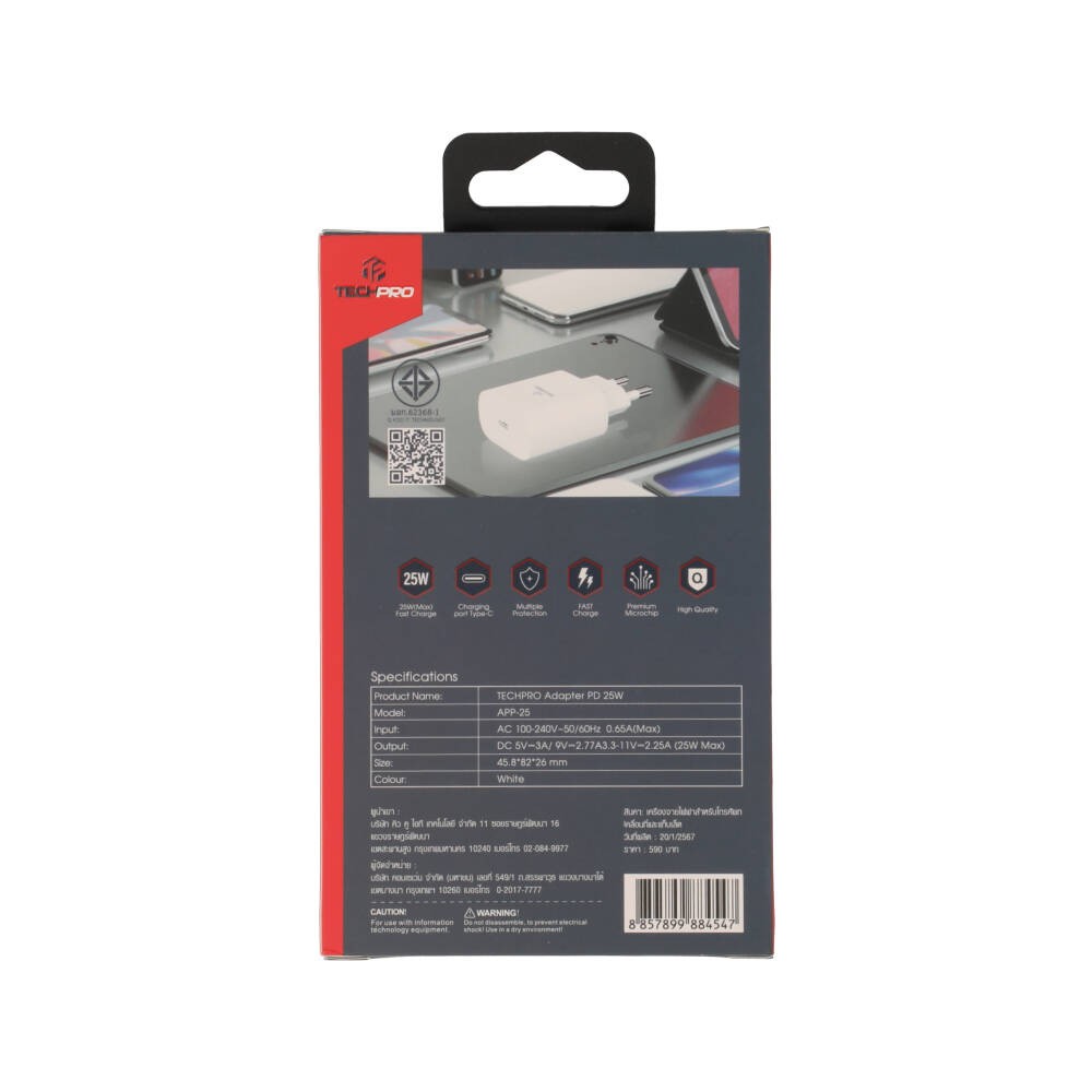 อะแดปเตอร์ TECHPRO Wall USB Charger 1 USB-C (PD25W/PSS) White (APP-25) (TISI)
