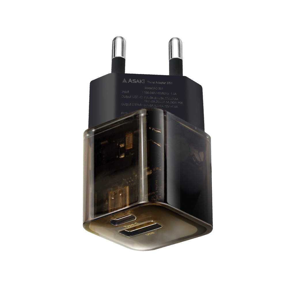 อะแดปเตอร์ ASAKI Wall USB Charger 1 USB-A (QC3.0A) / 1 USB-C (PD33W) GaN Black (A-2431D) (TISI)