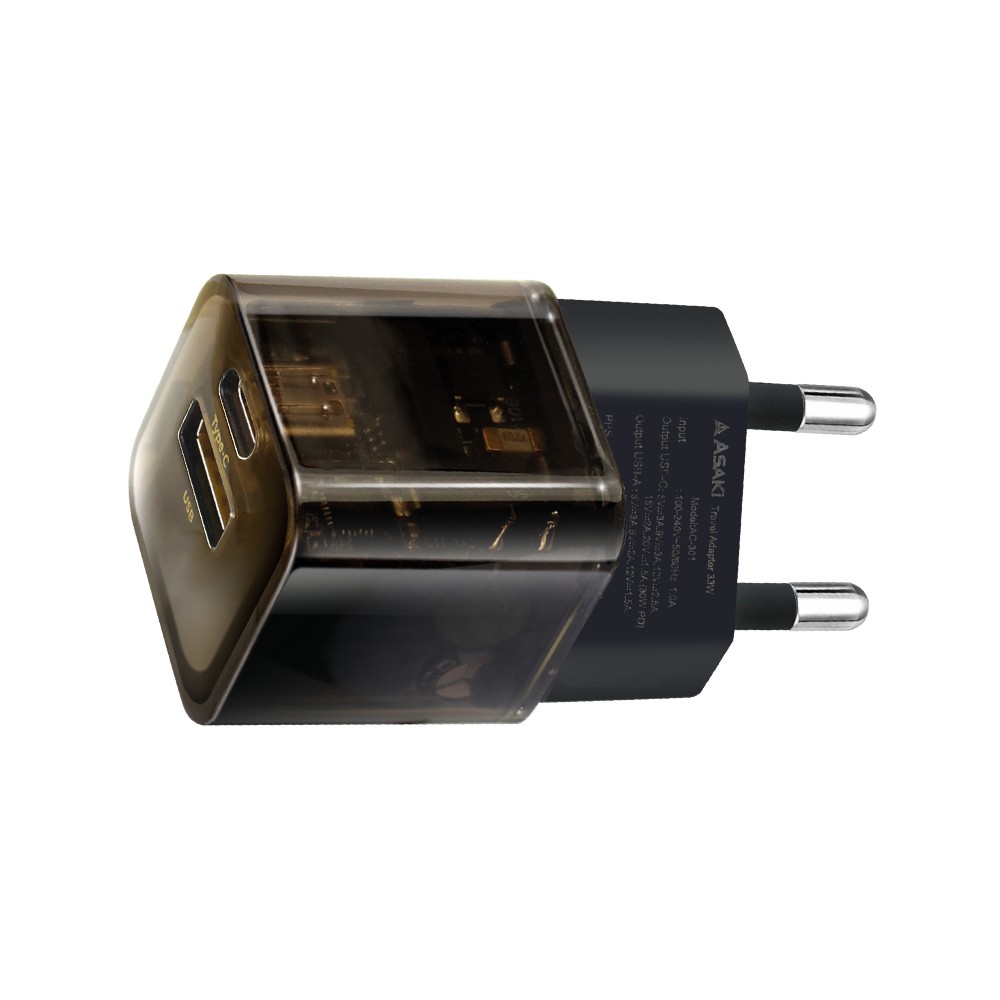 อะแดปเตอร์ ASAKI Wall USB Charger 1 USB-A (QC3.0A) / 1 USB-C (PD33W) GaN Black (A-2431D) (TISI)