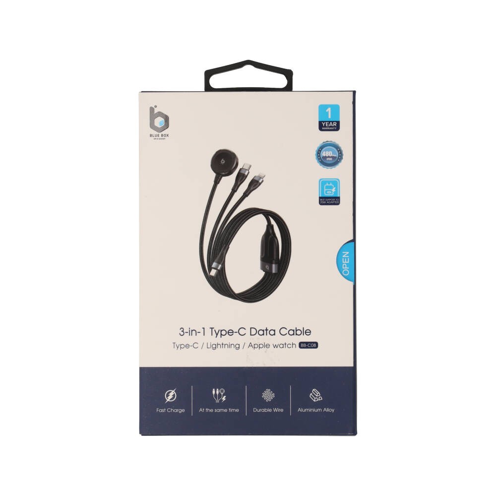 สายชาร์จ Blue Box 3-in-1 USB-C to USB-C / Lightning / Apple Watch Fast Charger Cable 1M. Black (BB-C08)