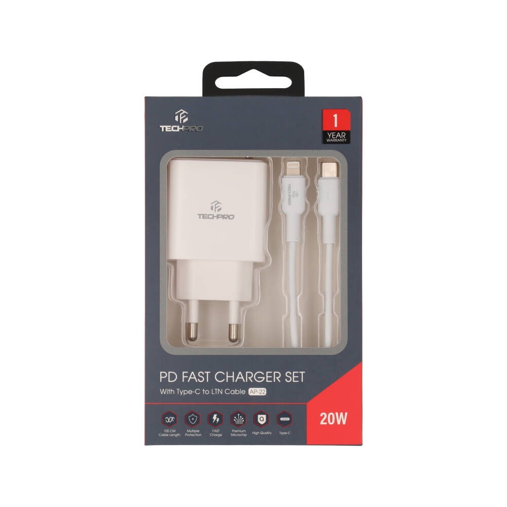 อะแดปเตอร์พร้อมสายชาร์จ TECHPRO Wall USB Charger 1 USB-C (PD20W) + USB-C to Lightning Cable 1M. White (TP-WC04CL) (TISI)