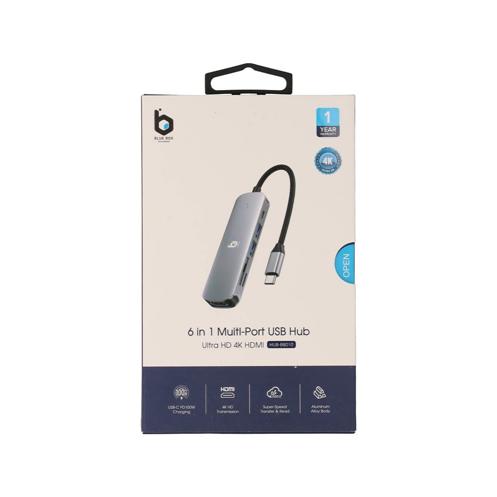 Blue Box 6-in-1 USB Type-C Hub Multifunction Converter Silver Grey