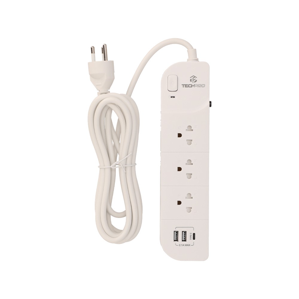 ปลั๊กไฟ TECHPRO 3 Way 1 Switch 2xUSB 1xType-C 3M. (PLG04) White