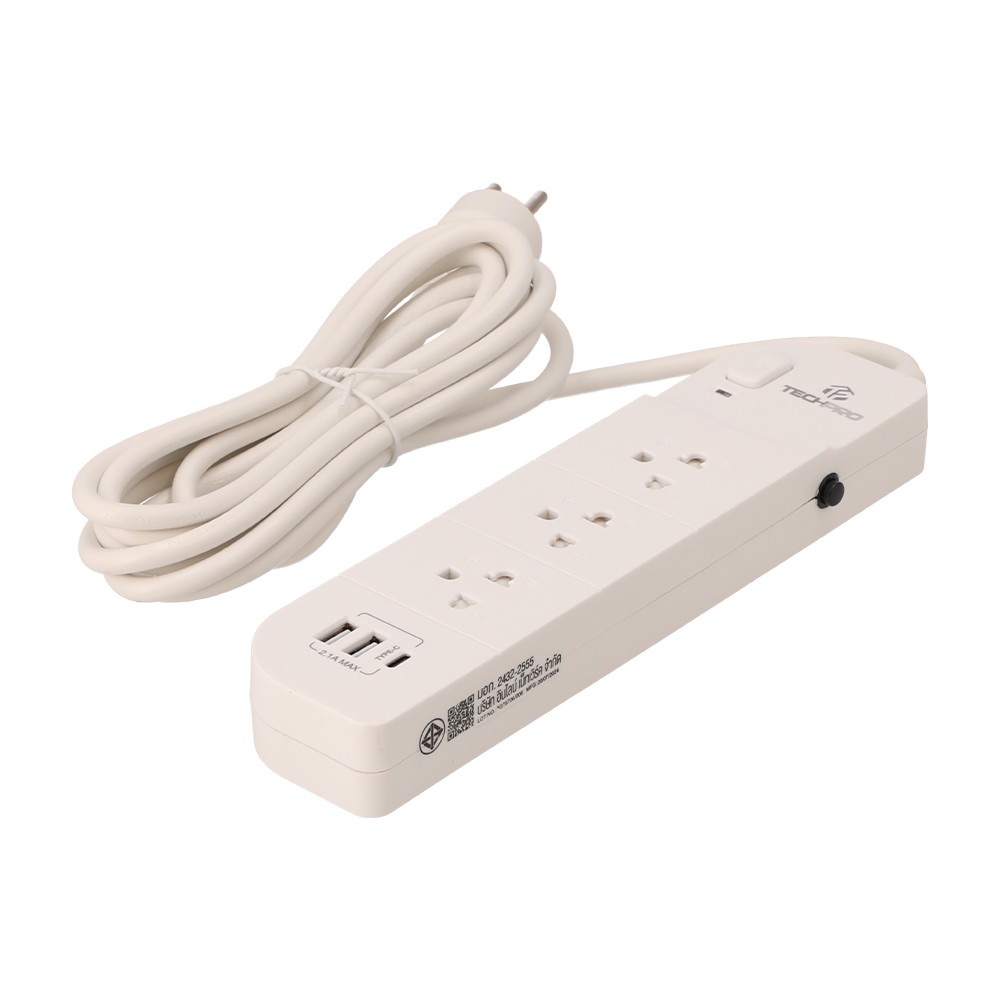 ปลั๊กไฟ TECHPRO Plug 3 Way 1 Switch 2xUSB 1xType-C 3M. (PLG04)