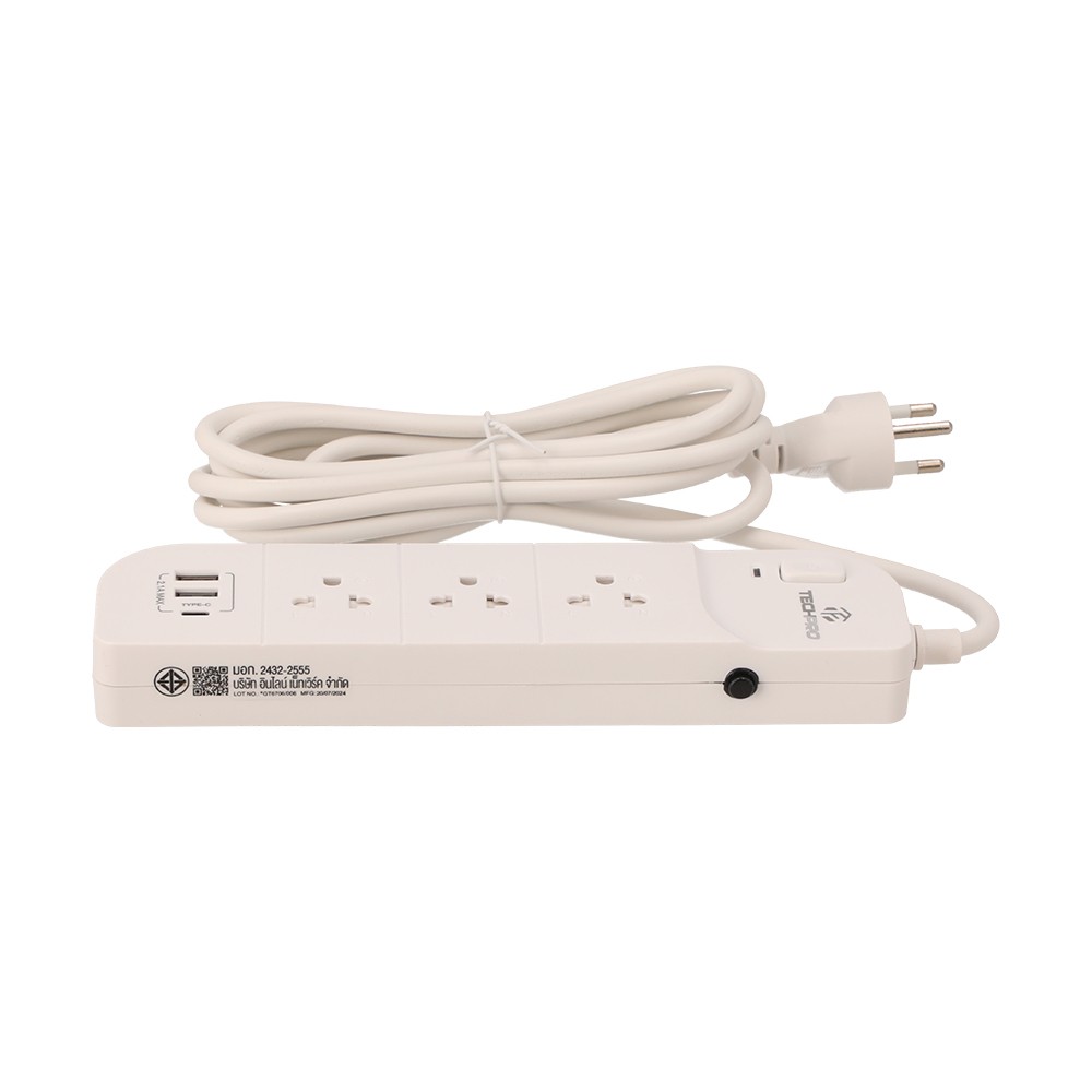 ปลั๊กไฟ TECHPRO Plug 3 Way 1 Switch 2xUSB 1xType-C 3M. (PLG04)