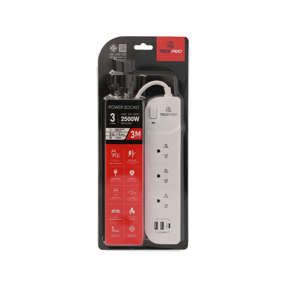 ปลั๊กไฟ TECHPRO Plug 3 Way 1 Switch 2xUSB 1xType-C 3M. (PLG04)