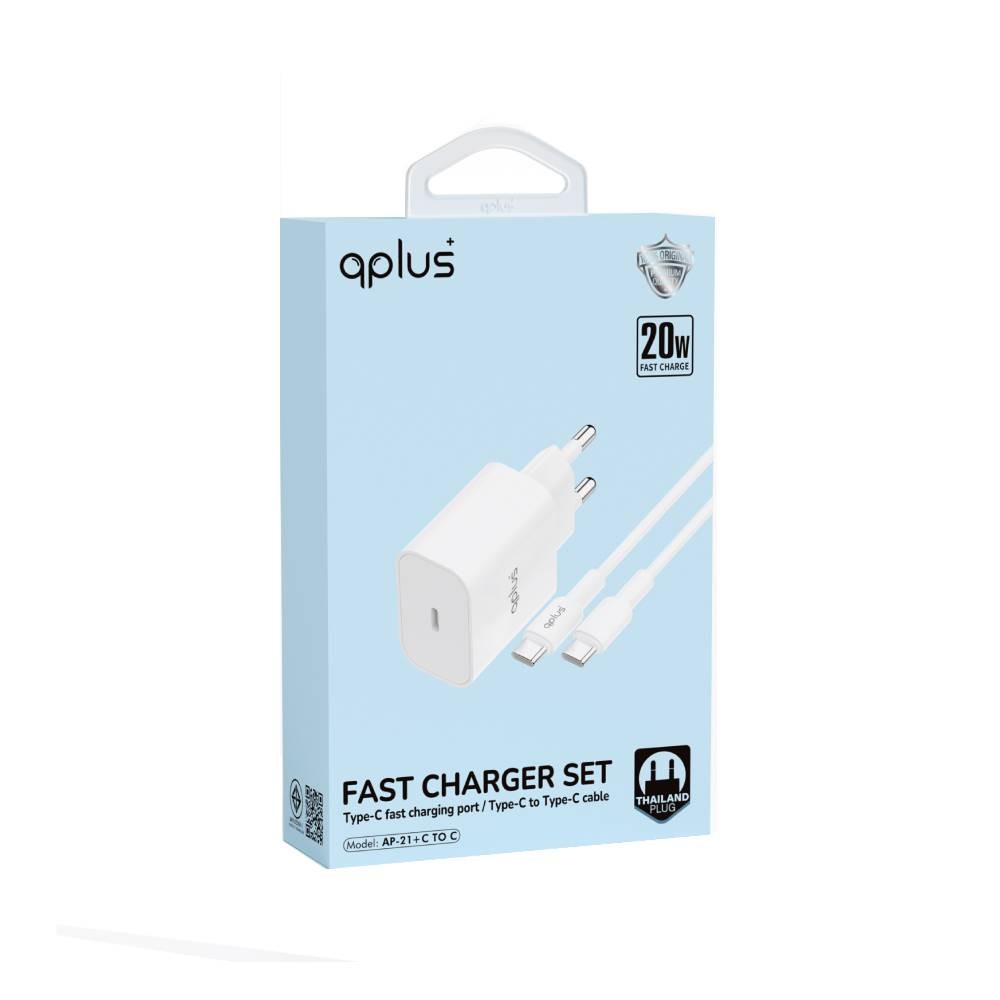 อะแดปเตอร์พร้อมสายชาร์จ QPLUS Wall USB Charger 1 USB-C (PD20W) + USB-C to USB-C Cable 1M. White (AP21) (TISI)