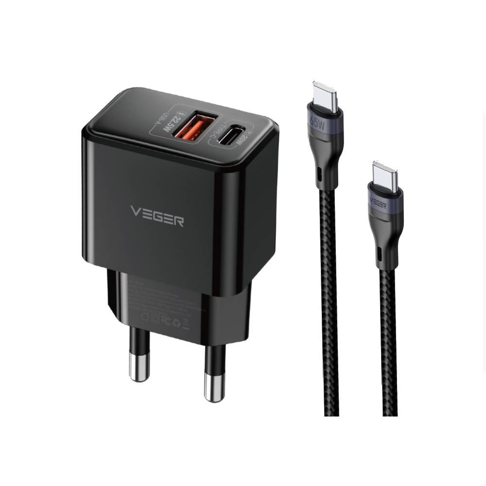 อะแดปเตอร์ VEGER Wall Charger USB-A USB-C 20W พร้อมสายชาร์จ USB-C to  USB-C เมตร