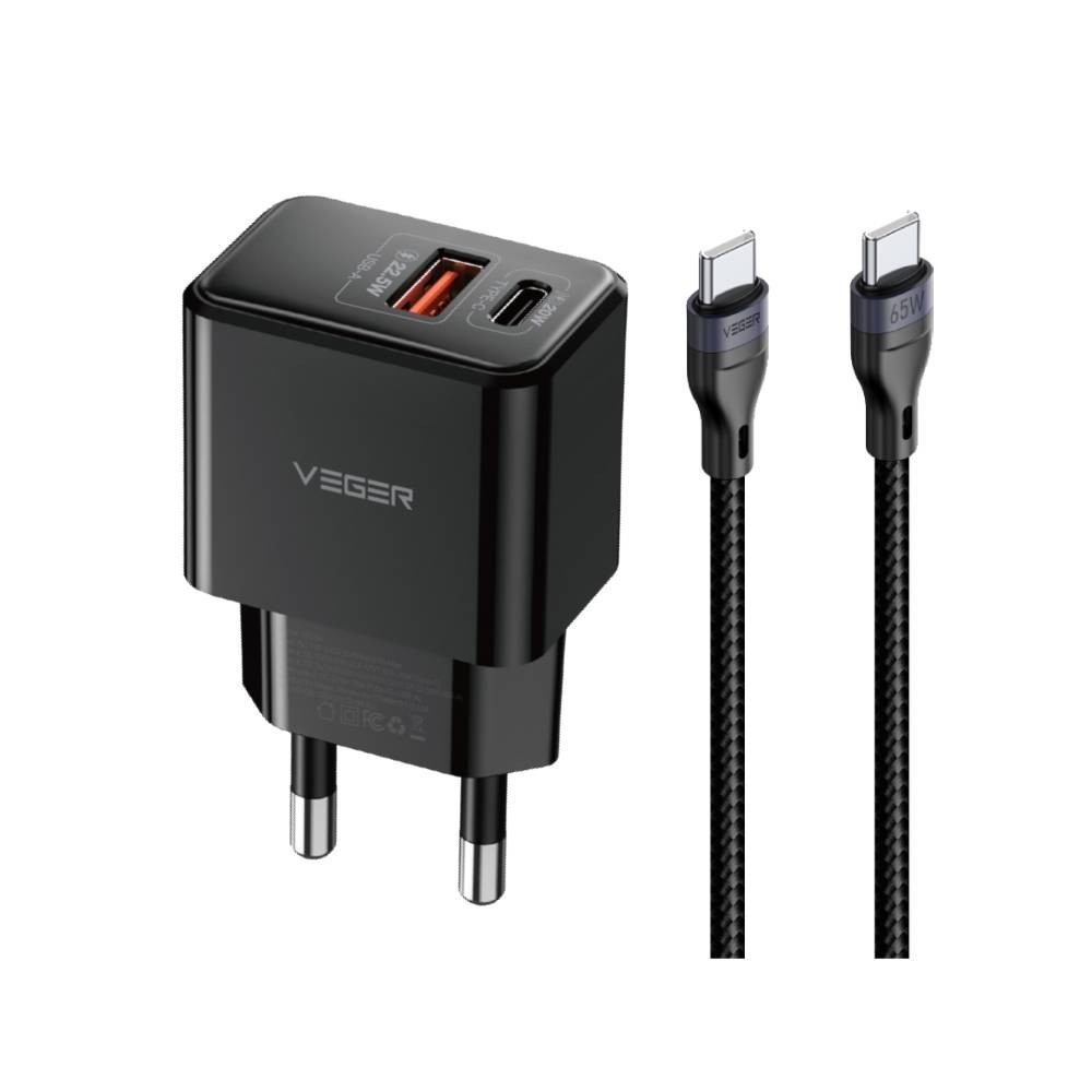 อะแดปเตอร์ VEGER Wall Charger 1 USB-A / 1 USB-C 20W พร้อมสายชาร์จ USB-C to USB-C 1 เมตร